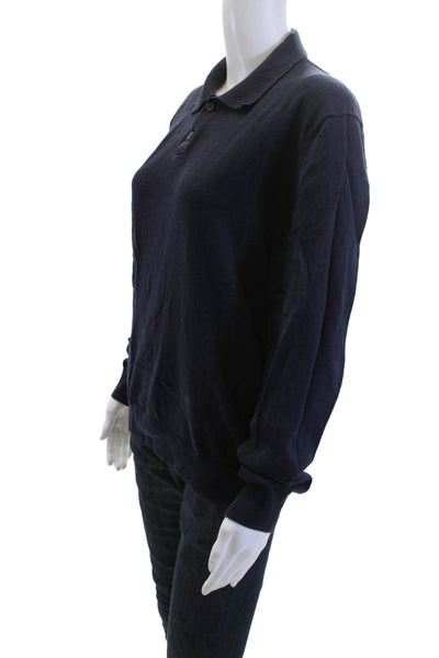 Zara Men Dark Blue Collared Solid Cotton Blend Polo Long Sleeve Size M