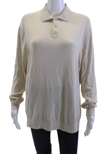 Zara Mens Collared Polo Beige Cotton Silk Long Sleeve Button Size M