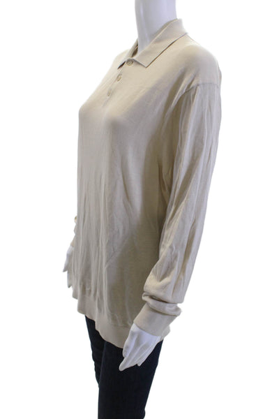 Zara Mens Collared Polo Beige Cotton Silk Long Sleeve Button Size M