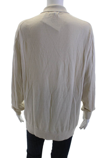 Zara Mens Collared Polo Beige Cotton Silk Long Sleeve Button Size M