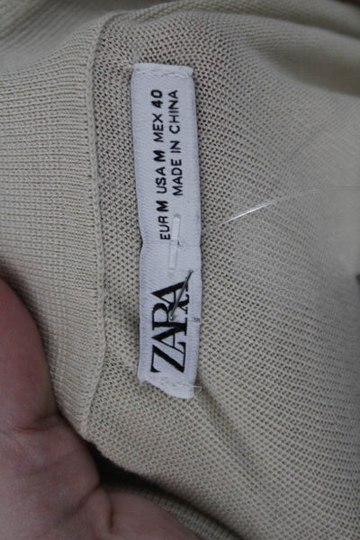 Zara Mens Collared Polo Beige Cotton Silk Long Sleeve Button Size M