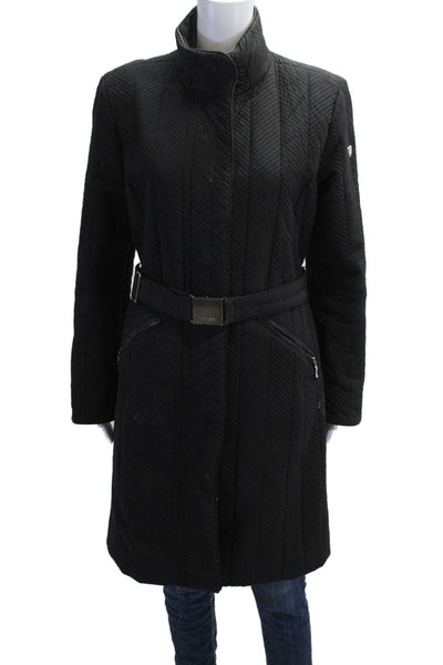 Post Card Womens Quilted Overcoat High Neck Herringbone Black Polyester Size 8