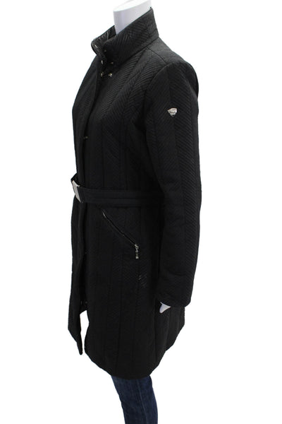 Post Card Womens Quilted Overcoat High Neck Herringbone Black Polyester Size 8