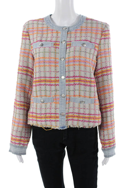 Ecru Women Gray Checked Snap Front Polyester Jacket Long Sleeve Size L