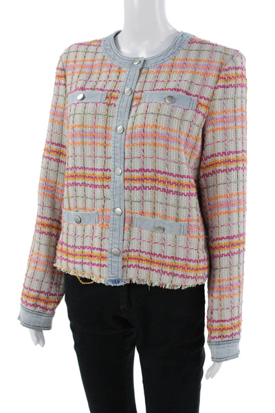 Ecru Women Gray Checked Snap Front Polyester Jacket Long Sleeve Size L