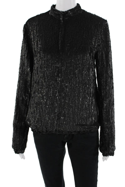 Gryphon New York Women Black Silk Mock Neck Zip Long Sleeve Blouse 80s Size S