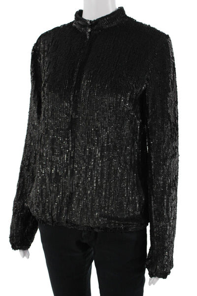 Gryphon New York Women Black Silk Mock Neck Zip Long Sleeve Blouse 80s Size S