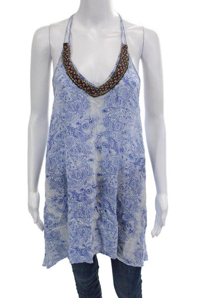 OndadeMar Womens Kaftan Blouse Blue Paisley Cotton Sleeveless Tie Beach Size M