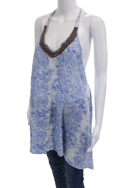 OndadeMar Womens Kaftan Blouse Blue Paisley Cotton Sleeveless Tie Beach Size M