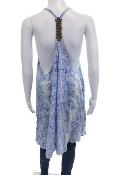 OndadeMar Womens Kaftan Blouse Blue Paisley Cotton Sleeveless Tie Beach Size M