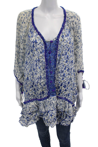 Poupette St. Barth Women Beige Cotton Kimono Blouse V-Neck Size One Size
