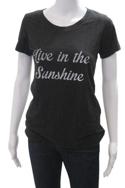 Bandier Women Jersey T-Shirt Dark Gray Graphic Round Neck Short Sleeve Size S