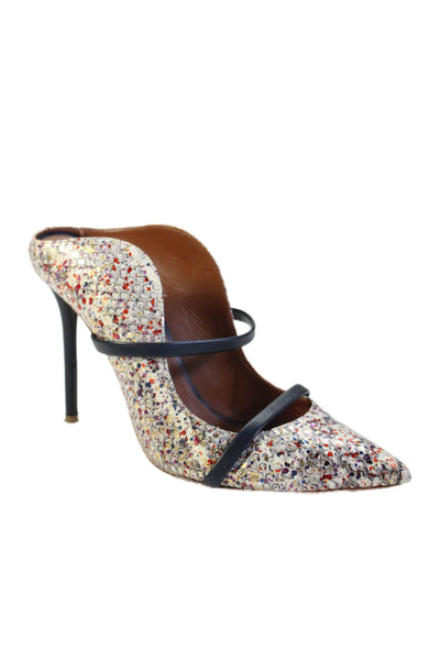 Malone Souliers Womens Stiletto Splatter Snakeskin Mules Pumps White Size 38.5