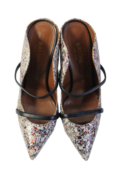 Malone Souliers Womens Stiletto Splatter Snakeskin Mules Pumps White Size 38.5