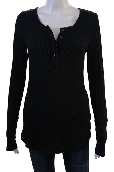 Splendid Women Long Sleeve Black Button-Up Round Neck Basic Top Size L