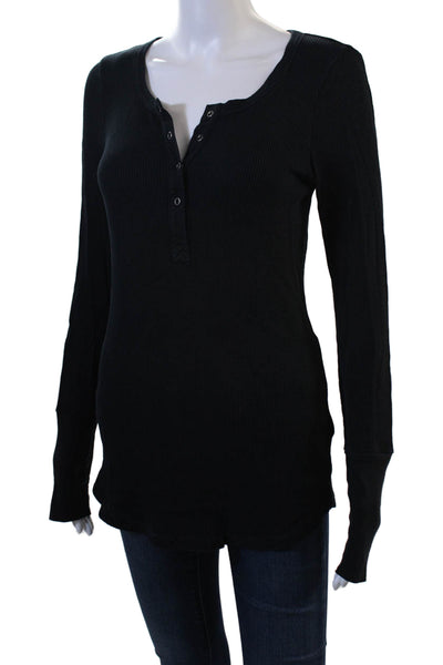 Splendid Women Long Sleeve Black Button-Up Round Neck Basic Top Size L