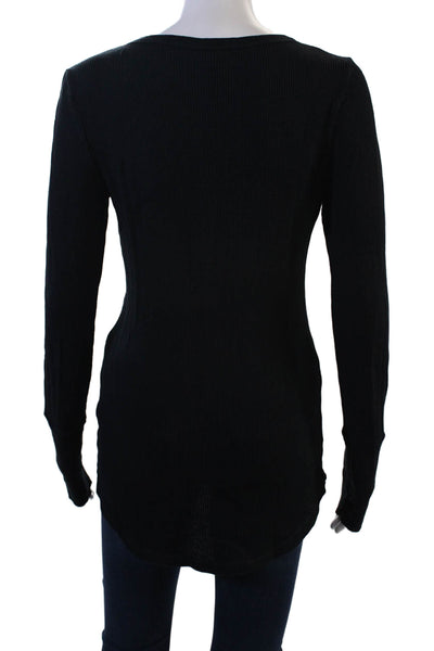 Splendid Women Long Sleeve Black Button-Up Round Neck Basic Top Size L