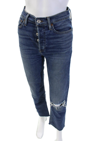 Re/Done Women Cropped Straight Jeans Dark Blue Mid Rise Button Size 25