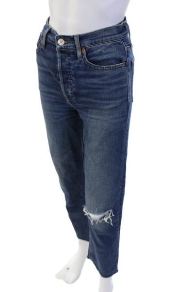 Re/Done Women Cropped Straight Jeans Dark Blue Mid Rise Button Size 25