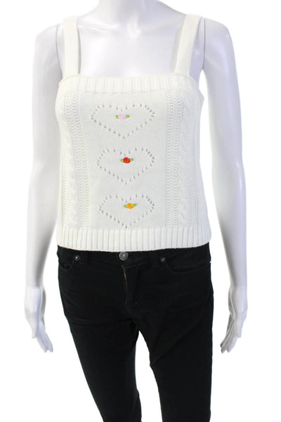 525 Women Cropped Camisole White Floral Square Neck Acrylic Sleeveless Size S