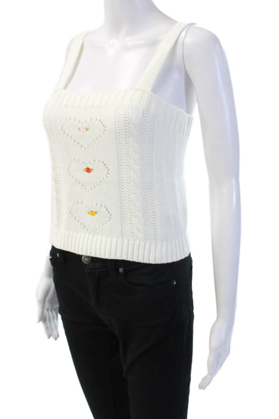 525 Women Cropped Camisole White Floral Square Neck Acrylic Sleeveless Size S