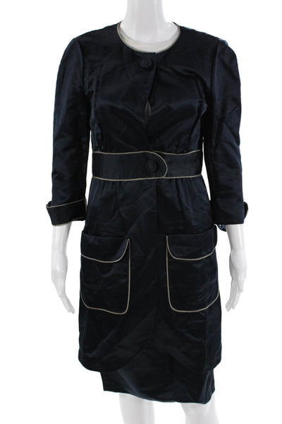 Vera Wang Lavender Label Womens Silk Button DownCoat Skirt Suit Navy Blue Size 8