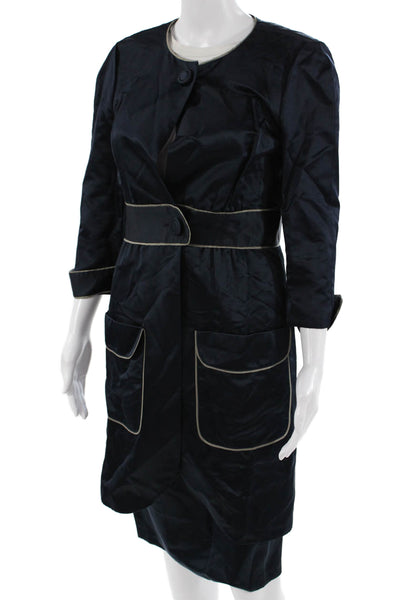 Vera Wang Lavender Label Womens Silk Button DownCoat Skirt Suit Navy Blue Size 8