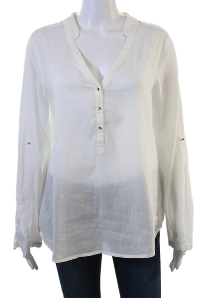Zara Women Tunic Blouse White V Neck Long Sleeve Ramie Cotton Size L
