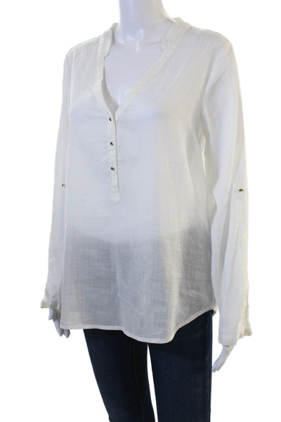 Zara Women Tunic Blouse White V Neck Long Sleeve Ramie Cotton Size L