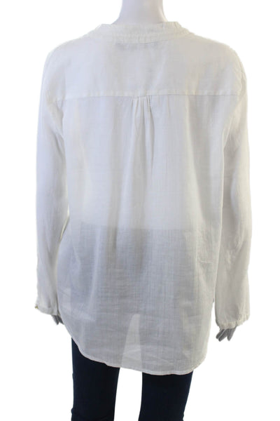 Zara Women Tunic Blouse White V Neck Long Sleeve Ramie Cotton Size L