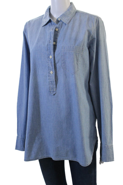 J Crew Womens Tunic Button Up Light Blue Cotton Long Sleeve Size 10 Tall