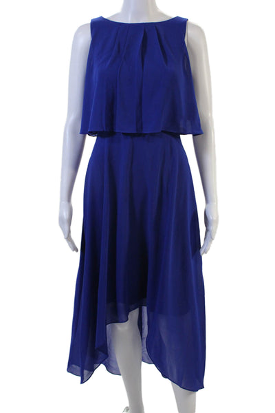 Eliza J Women Blouson Long Blue Sleeveless Crew Neck Tie Waist Dress Size 0