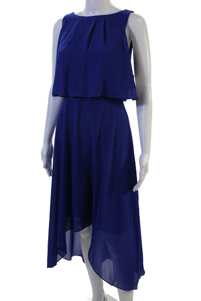 Eliza J Women Blouson Long Blue Sleeveless Crew Neck Tie Waist Dress Size 0