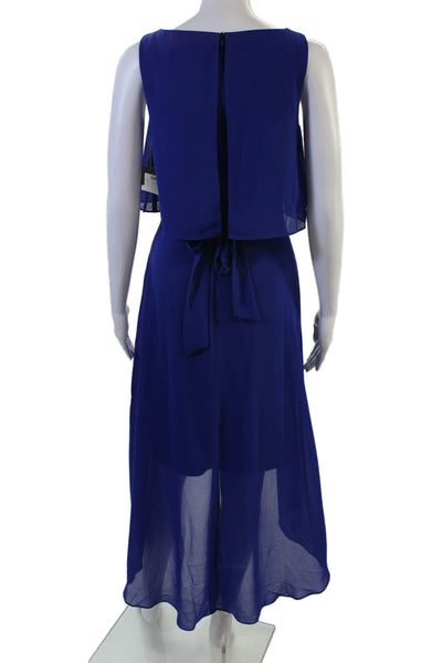 Eliza J Women Blouson Long Blue Sleeveless Crew Neck Tie Waist Dress Size 0