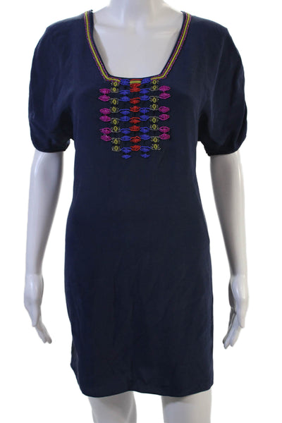 Tibi Womens Dark Blue Silk Square Neck Short Sleeve Shift Dress Size 6