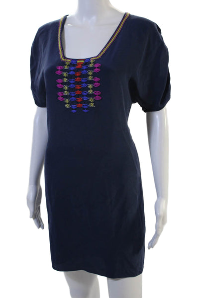 Tibi Womens Dark Blue Silk Square Neck Short Sleeve Shift Dress Size 6