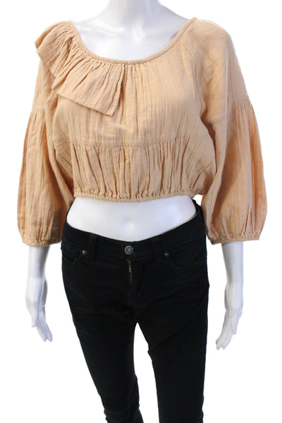 Apiece Apart Women Beige Cropped Cotton Blouse 3/4 Sleeve Round Neck Size 2