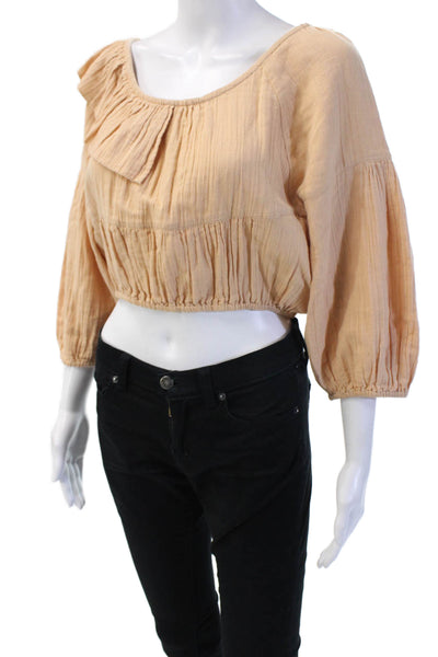 Apiece Apart Women Beige Cropped Cotton Blouse 3/4 Sleeve Round Neck Size 2