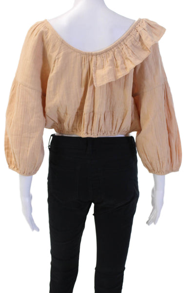 Apiece Apart Women Beige Cropped Cotton Blouse 3/4 Sleeve Round Neck Size 2
