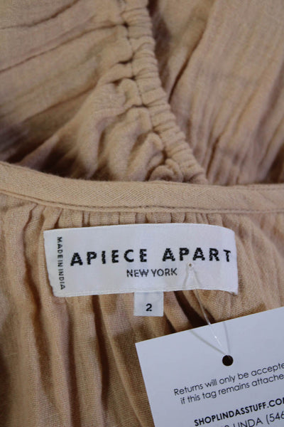 Apiece Apart Women Beige Cropped Cotton Blouse 3/4 Sleeve Round Neck Size 2