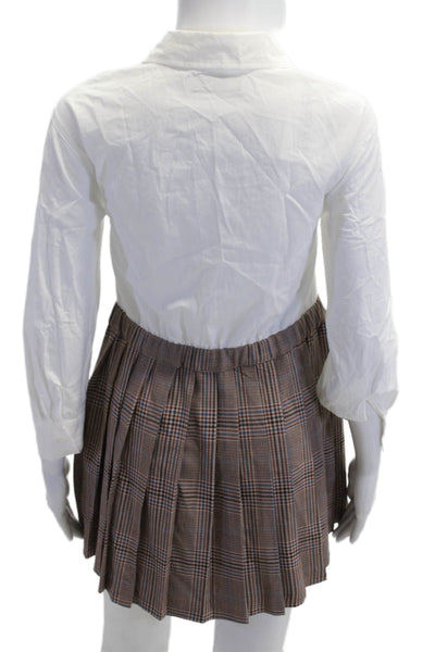 Zara Girls Cotton Blend Plaid Pleated Long Sleeve Dress Brown Size 13-14
