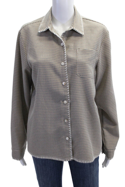 Muze Women Beige Checked Collared Button-Up Cotton Blend Long Sleeve Top Size L