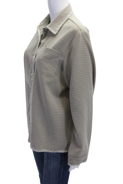 Muze Women Beige Checked Collared Button-Up Cotton Blend Long Sleeve Top Size L