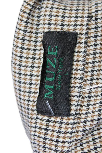 Muze Women Beige Checked Collared Button-Up Cotton Blend Long Sleeve Top Size L
