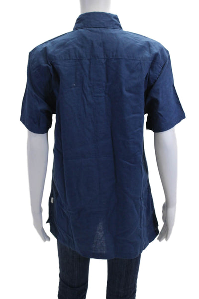 ONIA Mens Button-Down Shirt Dark Blue Linen Cotton Collared Solid Size S