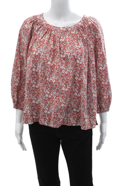 J Crew Womens Red Floral Tunic 3/4 Sleeve Round Neck 100% Cotton Size S