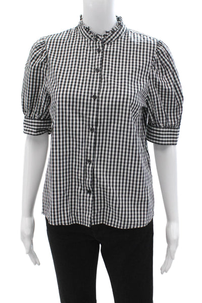 Who Wore What Womens Black Check Cotton High Neck Button Up Blouse Size S