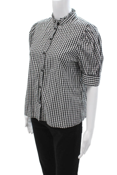 Who Wore What Womens Black Check Cotton High Neck Button Up Blouse Size S
