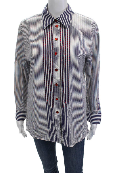 Escada Women Blue Striped Collared Button-Up Long Sleeve Top Size M