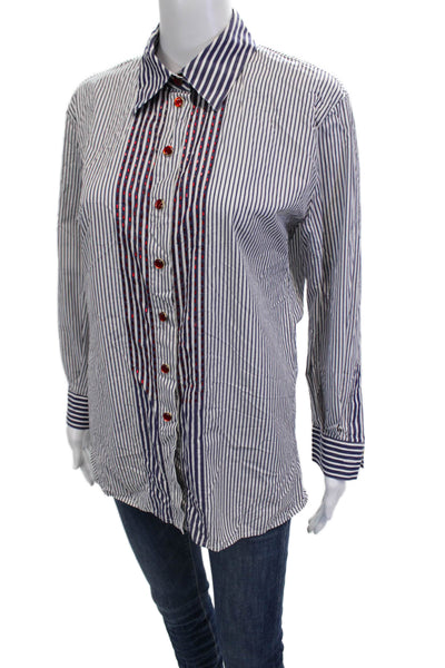 Escada Women Blue Striped Collared Button-Up Long Sleeve Top Size M